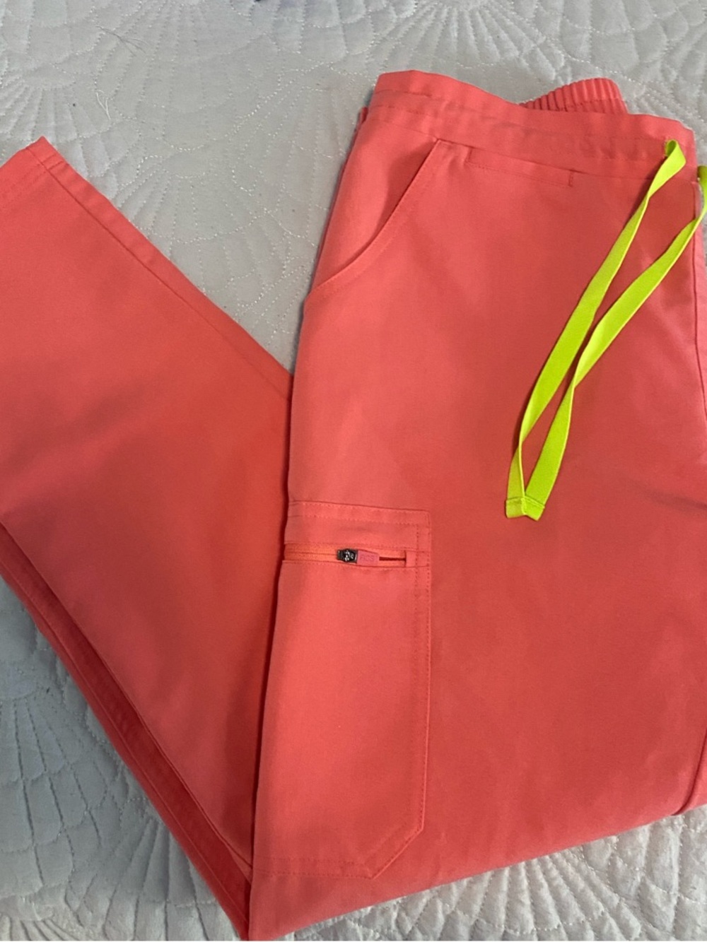 Figs Women's Coral Zamora Scrub Pants with Neon Yellow Drawstring